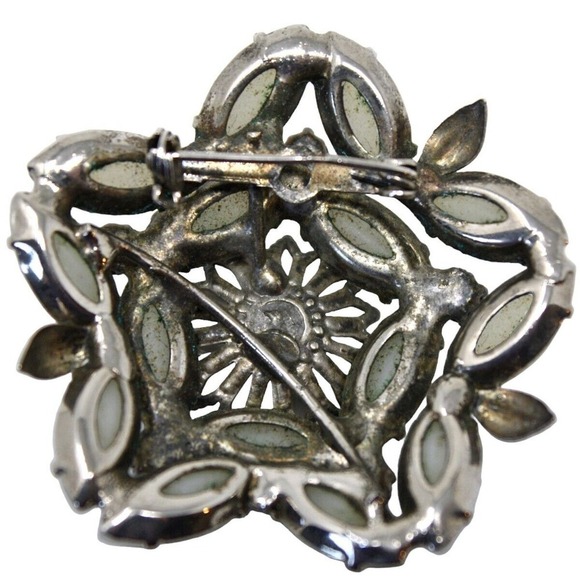 Vintage Milk Glass Star Shape Dome Pin Brooch w Prong Set Rhinestone 2" -Hey Viv - Picture 3 of 6
